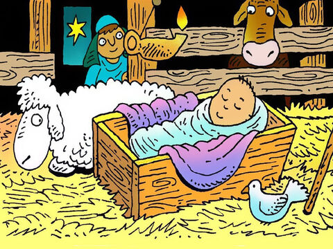 The shepherds hurried to Bethlehem and searched until they found baby Jesus wrapped in soft linen and sleeping in a manger bed of hay, just as the angel had said. They told Mary and Joseph about the angel’s good news! – Slide 7