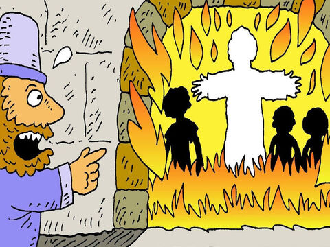 The King looked into the fire and saw God’s angel looking after the men. He knew a statue could never do that. Then the King believed in God. – Slide 8