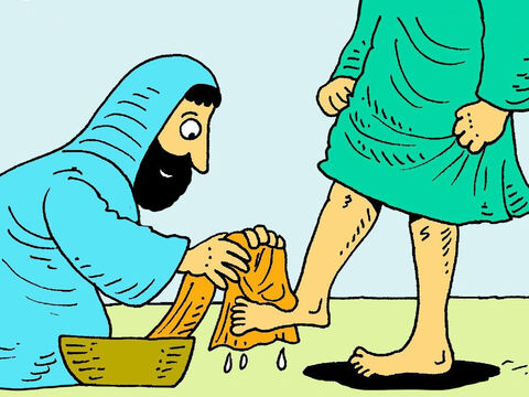 Jesus knelt down and began to gently wash their dirty feet and dry them on a towel. – Slide 4