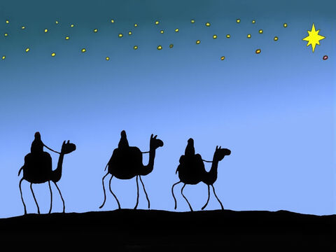 The Wise Men packed the things they needed for the long ride, along with valuable presents for the new born King. They set out on a big journey towards the star, which shone so brightly every night. – Slide 3