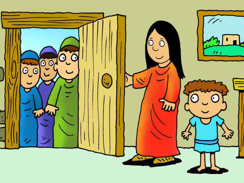 When Mary opened the door she was surprised to see such important strangers from a far off land. They told her they had even been to King Herod’s palace to try to find the new born King! – Slide 6