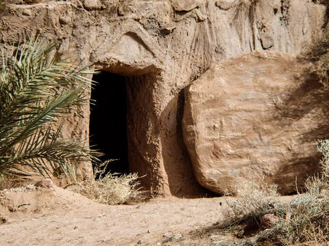 Here is a tomb with the stone rolled back. The women visiting Jesus’ tomb wondered how they were going to roll the stone back to get into the tomb. – Slide 11
