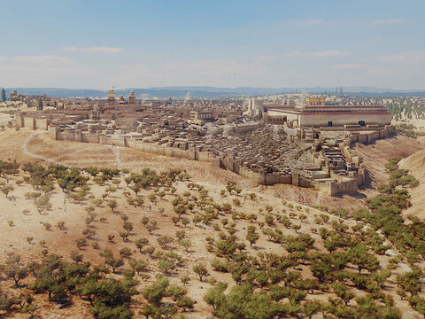 A view of Jerusalem from the south. Hinnom valley in foreground and Kidron valley to the right. – Slide 1