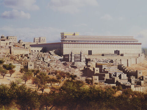 The lower city of Jerusalem is in the foreground with the southern wall of the Temple in the background. – Slide 2