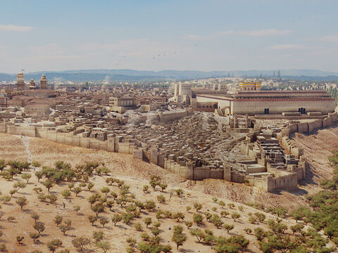 A wide view of Jerusalem from the south with the Hinnom valley in foreground and Kidron valley to the right. The temple is to the right and the upper city where the rich lived is to the left. The towers of the fortress of Antonia are shown at the north-west corner of the temple. – Slide 3