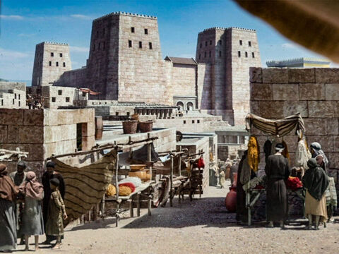 The streets of Jerusalem with the fortress of Antonia in the background. – Slide 7