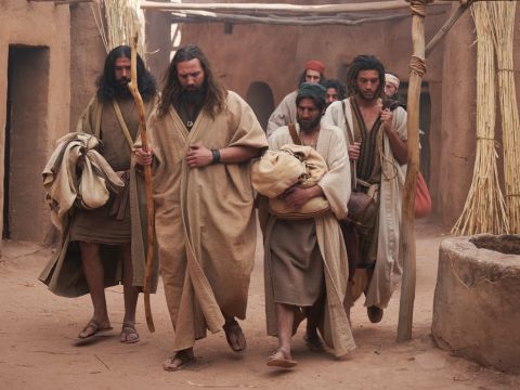 So ten of Joseph’s brothers went down to buy grain from Egypt.  Joseph’s brother Benjamin was kept at home as Jacob wanted to protect him. – Slide 4