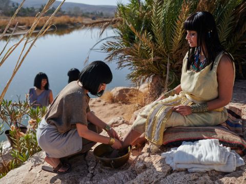 Then the daughter of Pharaoh came down to wash herself by the Nile, while her attendants were walking alongside the river. – Slide 11