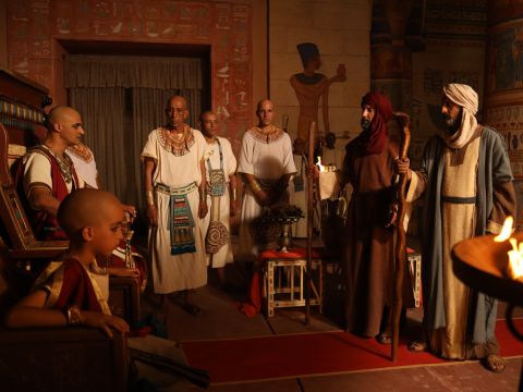 Moses and Aaron went to Pharaoh as God commanded and told him to let the Israelites go and worship the Lord in the wilderness. <br/>Pharoah replied, ‘Perform a miracle.’ – Slide 1