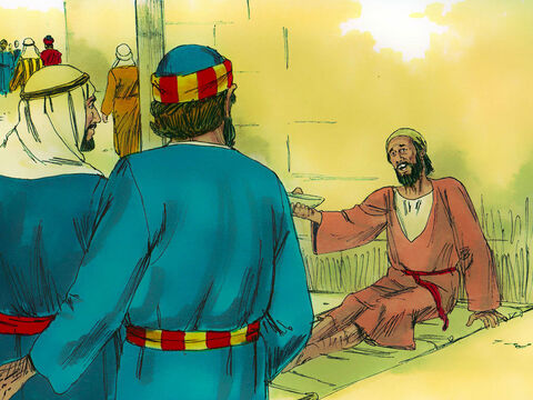 When the lame man saw Peter and John going into the Temple, he asked them for money. – Slide 2