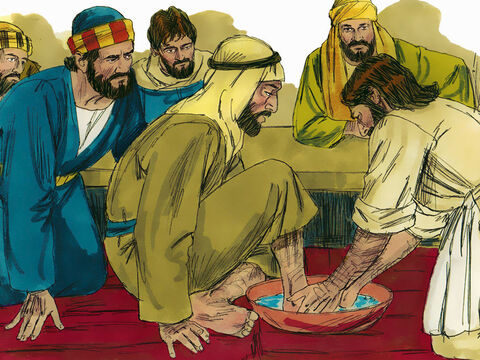 When Jesus and the disciples arrived, there was not a servant to wash their feet. So Jesus poured water into a basin, and began to wash the disciples’ feet and to wipe them with a towel – Slide 5