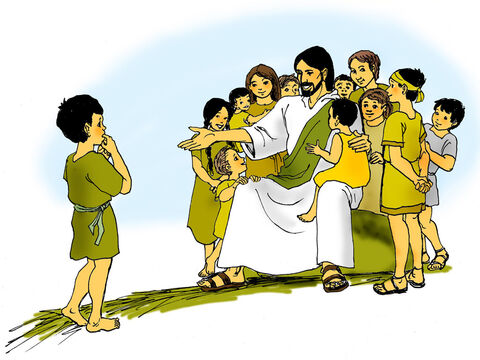 Once when Jesus was teaching a large group of men, some mothers tried to bring their children to Him to bless them. Jesus’ disciples tried to stop them getting through to Jesus. <br/>When Jesus saw what was happening He said, ‘Let the little children come to me. Don’t stop them, because the Kingdom of God belongs to people who are like these little children. I tell you the truth. You must accept God’s kingdom like a little child, or you will never enter it!’ (Luke 18:15-17). – Slide 2
