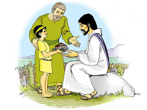 Once Jesus needed to feed a very large crowd of people but no-one had any food. A young boy offered his meal of five loaves of bread and two small fish to Jesus. Jesus used the boy’s meal to feed everyone (John 6:1-13). – Slide 3