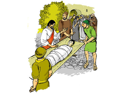 As Jesus entered a town, he saw the funeral procession of a young man who had died. Jesus came up and touched the coffin and the bearers came to a halt. He said, `Young man, I say to you, arise!’ <br/>The dead young man sat up and began to speak. And Jesus gave him back to his mother (Luke 7:11-17). – Slide 5