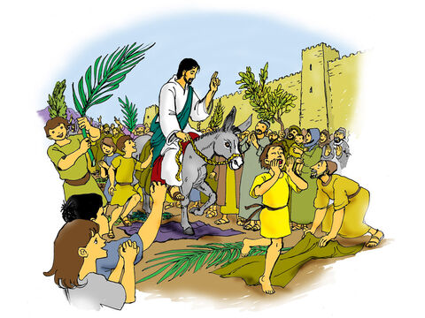 As Jesus rode into Jerusalem on a donkey the crowds shouted, ‘Hosanna’ and welcomed Him.  But as Jesus went into the temple, which was overlooked by Roman soldiers, the adults stopped praising Jesus and waving palm branches but the children continued to praise Him. – Slide 6