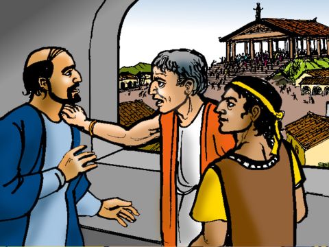 Paul wanted to go in and talk to the crowd, but the other Christians would not let him. Also, some leaders of Asia were friends of Paul. They sent him a message, begging him not to go into the amphitheatre. – Slide 10