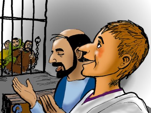 About midnight Paul and Silas were praying and singing songs to God. The other prisoners were listening to them. – Slide 7