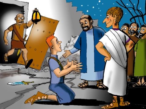 But Paul shouted, ‘Don’t hurt yourself! We are all here!’ <br/>The jailer told someone to bring a light. <br/>Then he ran inside. Shaking with fear, he fell down before Paul and Silas. – Slide 10