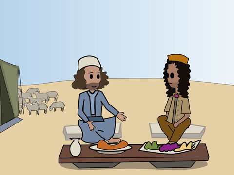Genesis 26. <br/>Abimelech protects Isaac. God blesses Isaac and repeats His promise that his descendants will become a great nation. Isaac and Abimilech eat a peace meal together. – Slide 4