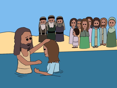 When they confessed their sins, John baptised them in the River Jordan. – Slide 6