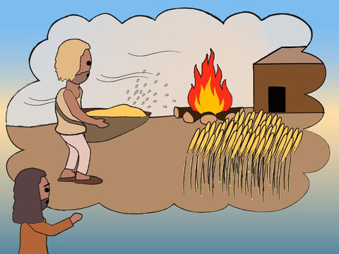 ‘He will separate the chaff from the grain, burning the chaff with never-ending fire and storing the grain.’ – Slide 15