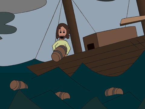 The frightened sailors shouted to their gods for help and threw the cargo overboard to lighten the ship. – Slide 6