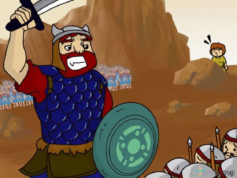 The Philistines gathered their forces for war against the people of Israel. <br/>A giant called Goliath, with a heavy metal sword and armour, challenged the Israelites to send someone out to fight him but everyone in the army was too scared. David was sent to bring food for his brothers who were in the army and asked, ‘Who is this Philistine who defies the armies of the living God?’ – Slide 3