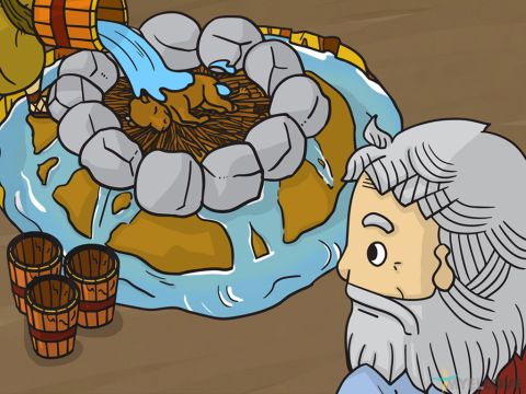 It was now Elijah’s turn to get his altar ready. Then, to everyone’s surprise, he gave orders for 12 jars of water to be thrown on it. The meat and wood were soaked and the water filled the ditch around the altar. <br/>Elijah then prayed, ‘Lord, I ask you to prove that you are the God of Israel. Show these people that you are God by sending fire. Then the people will know that you are bringing them back to you.’ – Slide 4