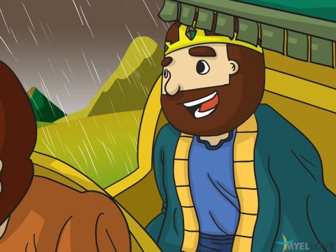 Elijah said to King Ahab, ‘Now, go, eat and drink. A heavy rain is coming.’ <br/>Elijah then went to pray for rain. ‘Elijah said to his servant, ‘Go and look toward the sea.’ <br/>The servant went and looked. He said, ‘I see nothing.’ <br/>Elijah told him to go and look again. This happened seven times. The seventh time, the servant said, ‘I see a small cloud. It’s the size of a man’s fist. It’s coming from the sea.’ <br/>After a short time, the sky was covered with dark clouds. The wind began to blow. Then a heavy rain began to fall. <br/>King Ahab got in his chariot and headed home. The Lord gave His power to Elijah so he could run ahead of the King all the way to Jezreel. – Slide 6
