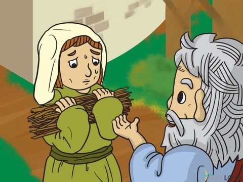 God then told Elijah to head out of the country to a town called Zarephath in Sidon. <br/>When he reached the town gate, he saw a widow there. She was gathering wood for a fire. Elijah asked her, ‘Would you bring me a little water in a cup? I would like to have a drink and please bring me a piece of bread, too.’ <br/>The woman replied ‘I have no bread, just a handful of flour in a jar and a little olive oil in a jug. I came here to gather some wood. I will take it home and cook our last meal. My son and I will eat it and then die from hunger.’ – Slide 3