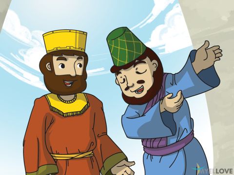 After three days of prayer Esther forced her way in to see the King.  The King lifted his golden sceptre to show she could approach him. ‘What do you want Queen Esther?’ <br/>The Queen replied, ‘I would like have a banquet for just the two of us and Haman.’ The King agreed. <br/>Haman was delighted to be honoured with a banquet. He started boasting about how great he was. Everyone bowed down to him – except Mordecai. And that made Haman furious. And he decided he would ask the King at the banquet to have Mordecai killed on a large wood pole outside his house. – Slide 4