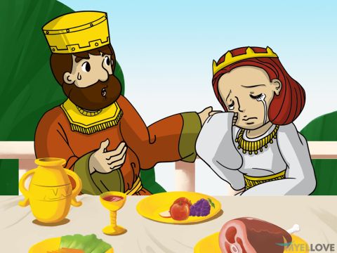 The next day at the banquet, the King asked Esther, ‘What can I do for you?’ <br/>‘My life is under threat,’ Esther replied. ‘I and my people are to be destroyed. <br/>The King was puzzled, ‘Where is he—the man who has dared to do such a thing?’ <br/>Esther pointed to their guest. ‘This vile Haman!’ <br/>Haman suddenly looked terrified. He did not know Esther was a Jew. – Slide 5