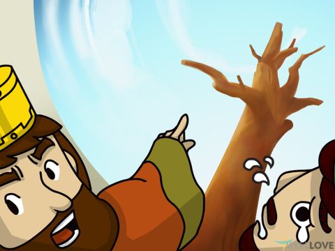 The king got up in a rage and left the room. Haman stayed behind to beg Queen Esther for his life.  <br/>The King returned and ordered that Haman be executed on the large wooden pole he had erected to kill Mordecai. – Slide 6