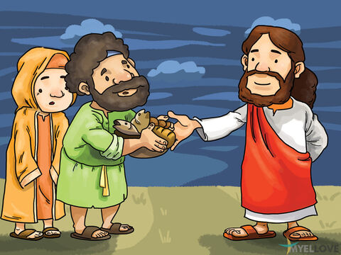 Jesus answered, ‘They don’t need to go away. You give them some food to eat.’ Philip replied, ‘It would take a year to earn the money needed to buy bread for all these people.’ <br/>Andrew then said, ‘Here is a boy with five loaves of barley bread and two little fish. But that is not enough to feed for so many people.’ – Slide 2