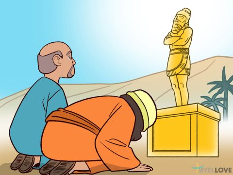 King Nebuchadnezzar of Babylon made a huge gold statue and asked all the rulers of his kingdom to gather before it. <br/>When they had all arrived and were standing before the statue, a herald shouted out, ‘The King commands that when the band strikes up, you are to fall flat on the ground to worship the gold statue. Anyone who refuses to obey will immediately be thrown into a flaming furnace.’ <br/>So, when the band began to play, everyone—whatever his nation, language, or religion—fell to the ground and worshiped the statue. – Slide 1