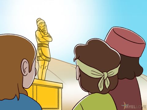 Everyone bowed down –except three Jews. Their names were Meshach, Shadrach and Abednego. They believed in the one true God and refused to bow down before this idol. – Slide 2