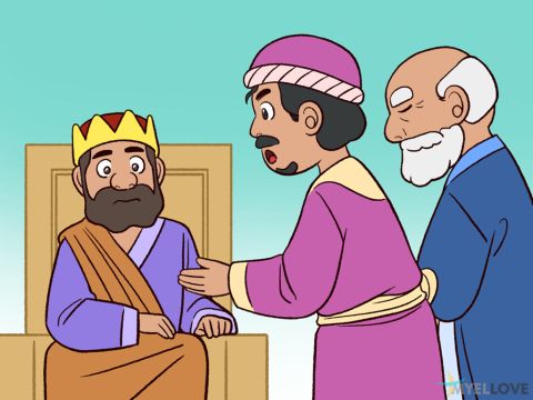 Some Babylonian officials reported them to the king, ‘Shadrach, Meshach, and Abednego, whom you have made rulers in your Kingdom, are refusing to serve your gods or to worship the gold statue you set up.’ <br/>King Nebuchadnezzar, in a terrible rage, ordered the three Jews to be brought in before him. – Slide 3