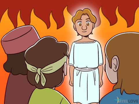 Suddenly, as he was watching, Nebuchadnezzar jumped up in amazement and exclaimed to his advisors, ‘Didn’t we throw three men into the furnace?’ <br/>‘Yes,’ they said, ‘we did indeed, Your Majesty.’ <br/>‘Well, look!’ Nebuchadnezzar shouted. ‘I see four men, unbound, walking around in the fire, and they aren’t even hurt by the flames! And the fourth looks like a holy person!’ – Slide 6