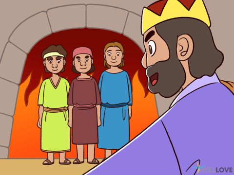 Nebuchadnezzar came as close as he could to the open door of the flaming furnace and yelled: ‘Shadrach, Meshach, and Abednego, servants of the Most High God! Come out! Come here!’ So they stepped out of the fire. <br/>The three Jews stepped out of the furnace. Not a hair of their heads was singed; their coats were unscorched, and they didn’t even smell of smoke! God had protected them. <br/>Nebuchadnezzar said, ‘Blessed be the God of Shadrach, Meshach, and Abednego, for he sent His angel to deliver his servants. <br/>Anyone in the future who speaks against the God of these three Jews will be punished. For no other God has the power of their God.’ <br/>The king them promoted them to more important roles in his kingdom. – Slide 7