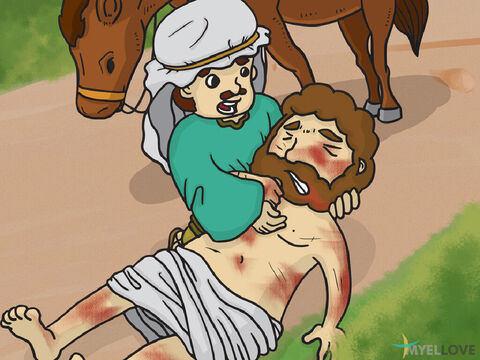 ‘The next to pass by was a Samaritan man. (Now the Jews did not like the Samaritans and often acted as if they were better than them.) <br/>‘The Samaritan came down the road came to where the hurt man was lying. He saw the man and felt very sorry for him.’ – Slide 4