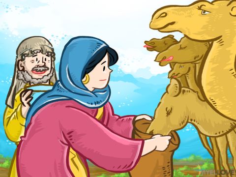 When he got to the well at Nahor it was the time when women came out to draw water. Abraham’s servant prayed, ‘Lord God, help me find the right person. ‘If I ask one of the young women to give me water,’ and she says, ‘Drink, and I’ll water your camels too’– let her be the one you have chosen for your servant Isaac.’ <br/>Before he had ﬁnished praying, Rebekah came out with her jar on her shoulder. Rebekah was very beautiful. She went down to the spring, and ﬁlled her jar with water. <br/>The servant asked, ‘Please give me a little water from your jar.’ <br/>‘Drink, my lord,’ she said. After she had given him a drink, she said, ‘I’ll draw water for your camels too, until they have had enough to drink.’ – Slide 2
