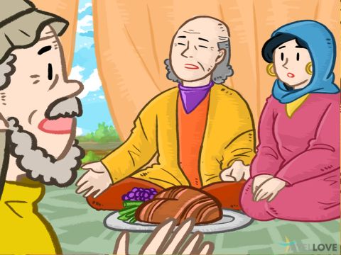 The servant bowed down and worshipped the Lord for answering his prayers. <br/>Rebekah invited the servant to stay with her family.  <br/>He would not eat until he had told Rebekah’s family why he had come and how God had answered his prayer. Rebekah’s father, Bethuel, answered, ‘This is from the Lord. Here is Rebekah, take her and go, and let her become the wife of Isaac, as the Lord has directed.’ <br/>The servant gave the family the gifts he had brought for them. – Slide 3
