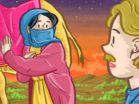 Isaac was in a ﬁeld when he saw the camels arriving. Rebekah covered her face with a veil. The servant told Isaac all the things that he had done. – Slide 5