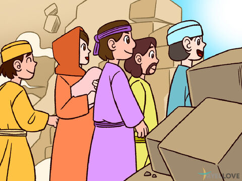 Joshua spoke to the two men who had spied out the land. ‘Go into Rahab’s house and bring her and her family out. Do this because of the promise you made to her.’ <br/>So the two men went and rescued Rahab and her family and put them in a safe place outside the camp of Israel. – Slide 6