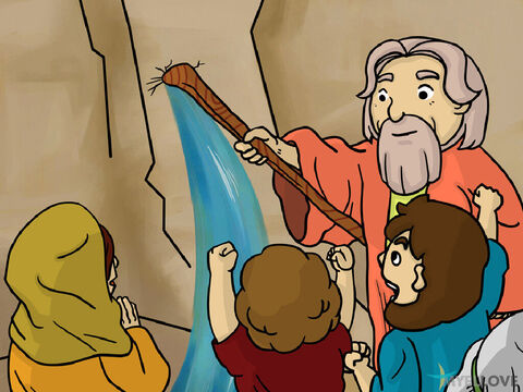 The Lord replied, ‘Take everyone and their leaders and stand by the rock at Horeb. Strike the rock with your staff and water will come out of it.' Moses did this and water poured out of the rock. Everyone, including all their animals, had water to drink. God had once more provided for their needs. – Slide 6