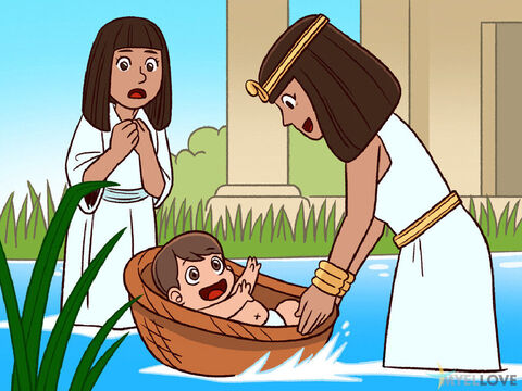 One of the king's daughters who was bathing saw the basket in the tall grass. When she opened the basket, she saw the baby crying and felt sorry for him. The baby's older sister came up and asked, ‘Do you want me to get a Hebrew woman to take care of the baby for you?” <br/>The princess agreed. The baby's mother carried him home and took care of him. And when he was old enough, she took him to the princess, who adopted him. She named him Moses and he grew up at the palace. – Slide 3