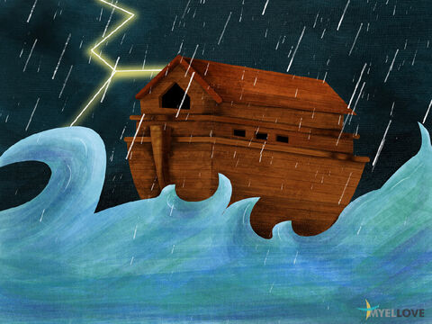 There was then an almighty storm that lasted over 40 days. The earth flooded and the Ark began to rise. The flood waters covered the highest mountains but all on the Ark were kept safe. – Slide 4