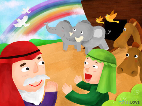 God then told Noah to bring out the animals from the Ark and let them roam free.  <br/>Noah and his family gave an offering to God. God placed a rainbow in the sky as a sign of His promise that He would never flood the whole earth again. <br/>Noah and his family along with all the animals were able to populate the world again. – Slide 7