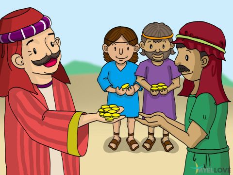 Jesus said, ‘The kingdom of Heaven is like what happened when a man went away and put his three servants in charge of all he owned. The man knew what each servant could do. So he handed 10 valuable coins to the first servant, 5 valuable coins to the second, and 1 valuable coin to the third. Then he left the country. – Slide 1
