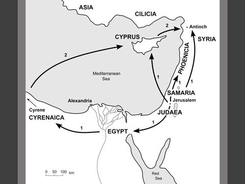 Map showing the scattering of believers after Stephen’s death. <br/>1. Following Stephen’s death in 35AD, the more radical members of the young church in Jerusalem are persecuted by the staunchly traditional Jewish hierarchy. Most of the Greek-speaking believers are scattered throughout Judaea and Samaria. (Acts 8:1) Some of those persecuted travel as far as Phoenicia, Cyprus and Antioch, spreading the message among fellow Jews. (Acts 11:19)<br/>2. Other Jewish believers from Cyprus and Cyrene go to Antioch in Syria and begin speaking to the Greek-speaking Gentiles as well as to fellow Jews. (Acts 11:20) – Slide 3